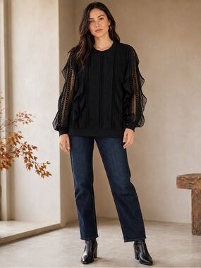 Anthropologie x Daniel Rainn Black Lace Sheer Sleeve Blouse M